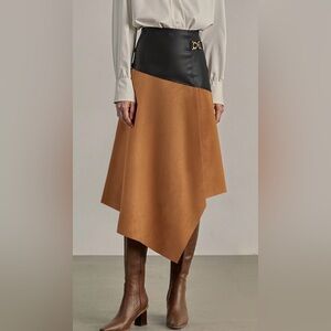 Commense Two-Tone Asymmetrical Skirt in Camel Suede & Black Faux Leather